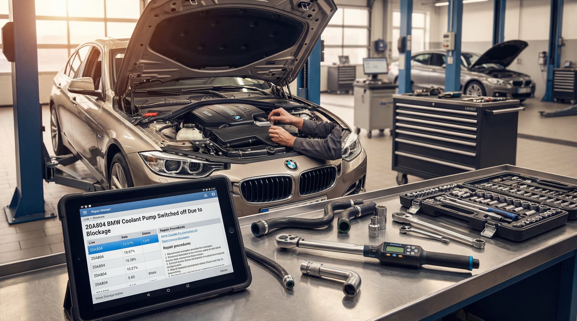 Professional automotive repair illustration for How to Fix 20A804 BMW Coolant Pump Switched off Due to Blockage