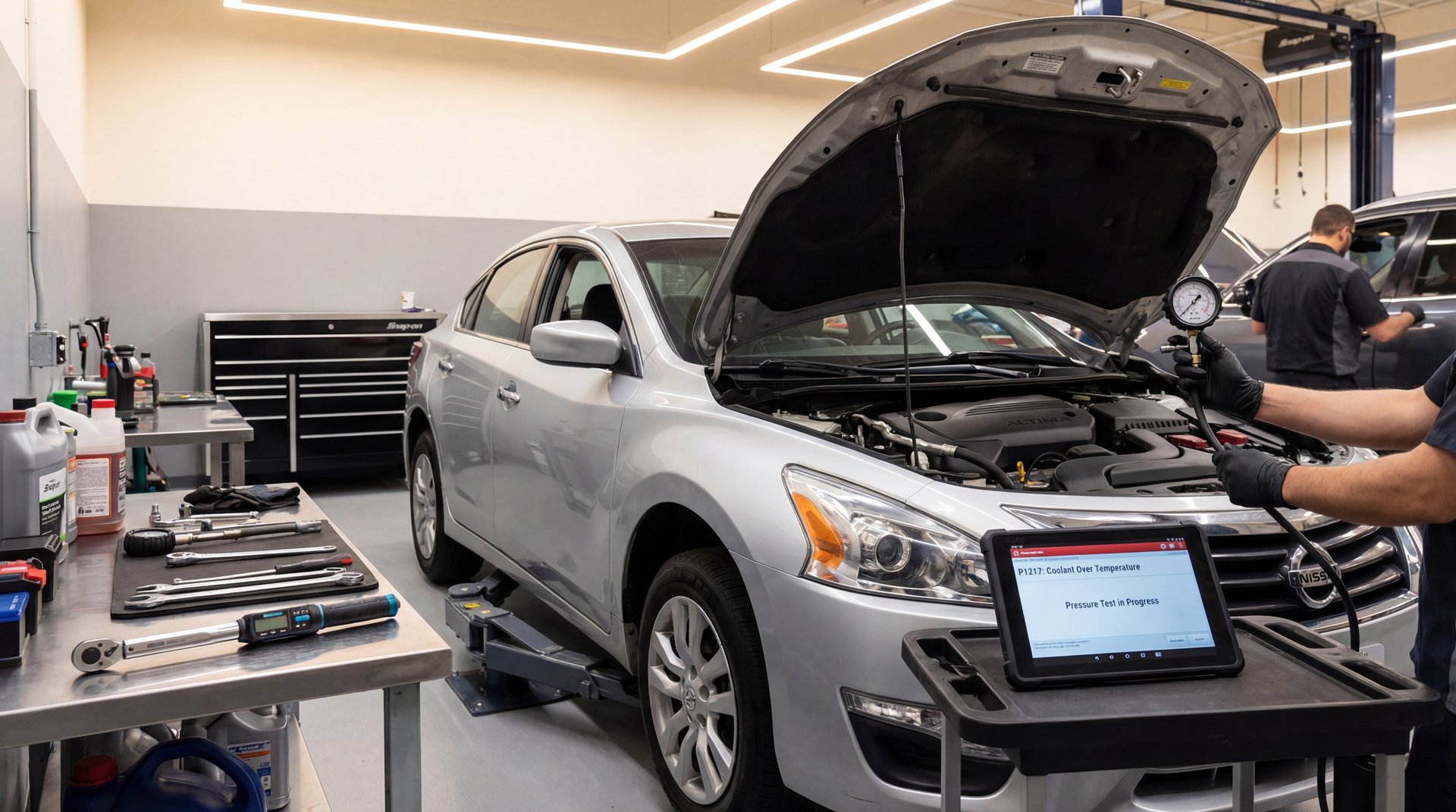 Featured image: How to Pressure Test Cooling System for Leaks Nissan Altima with code P1217 - professional automotive repair guide