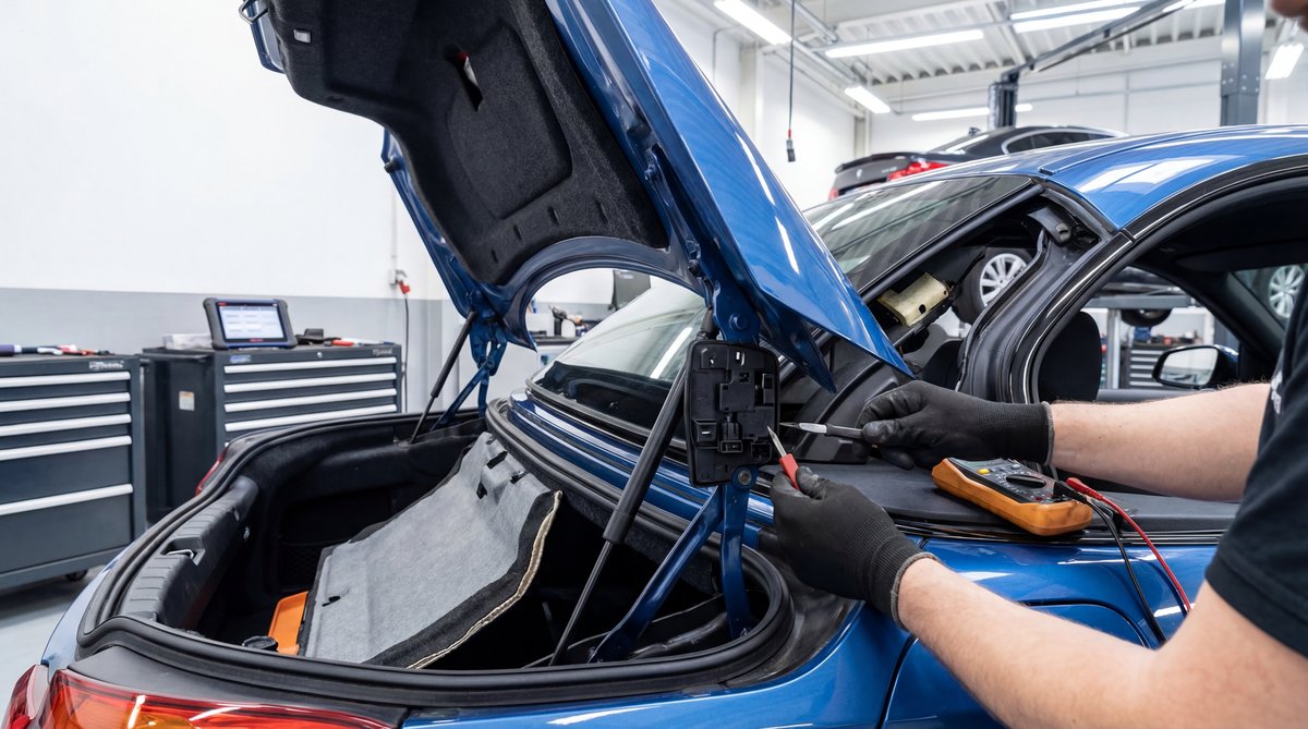 Step-by-step guide showing the trunk interlock panel: your first check in a professional auto repair shop
