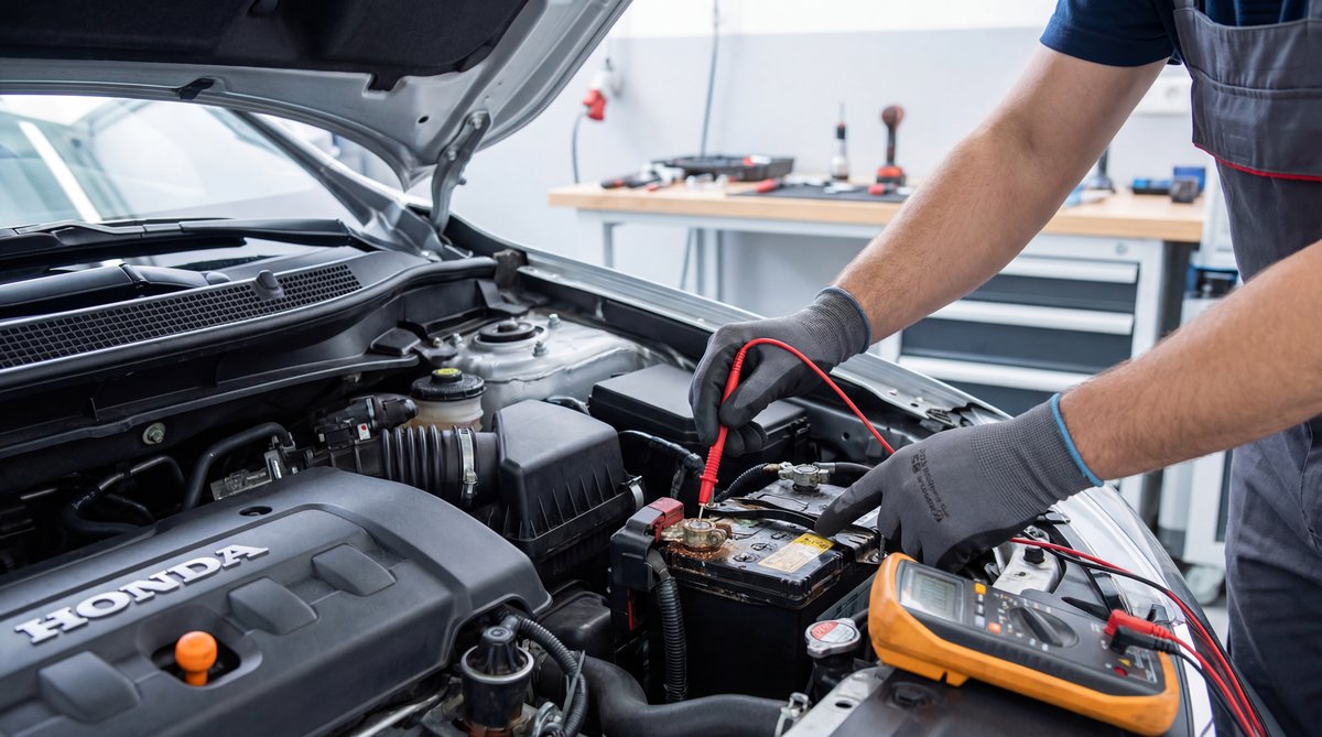 Step-by-step guide showing checking your battery terminals first in a professional auto repair shop