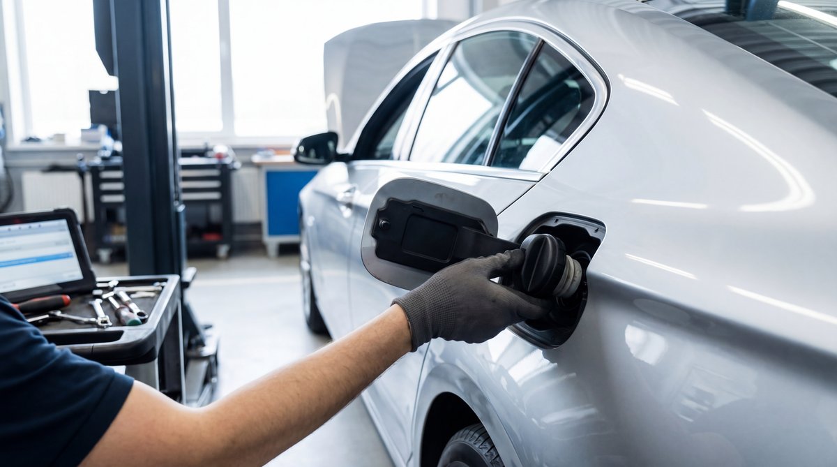 Step-by-step guide showing checking your gas cap first in a professional auto repair shop