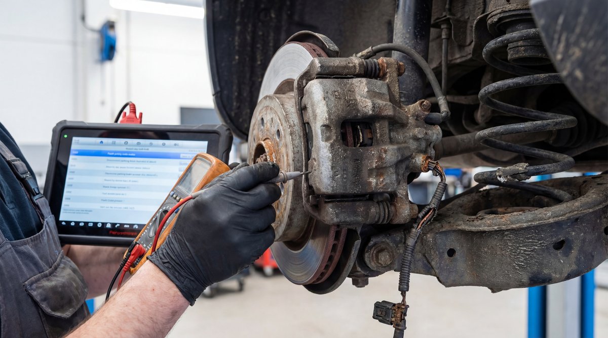 Step-by-step guide showing common causes of electronic parking brake failures in a professional auto repair shop