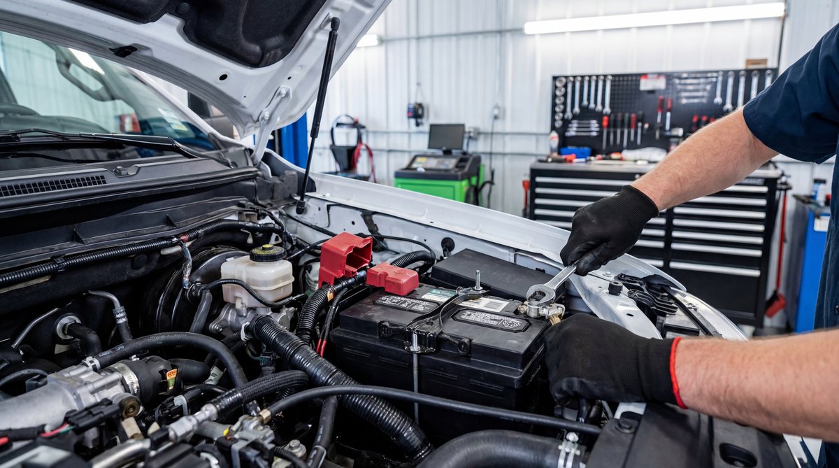 Step-by-step guide showing disconnecting the 12-volt system in a professional auto repair shop