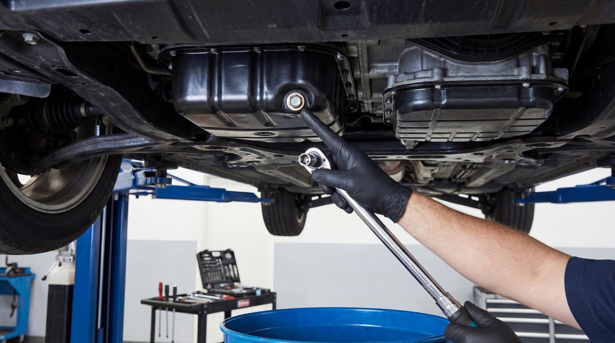 Step-by-step guide showing identifying the correct oil drain plug in a professional auto repair shop