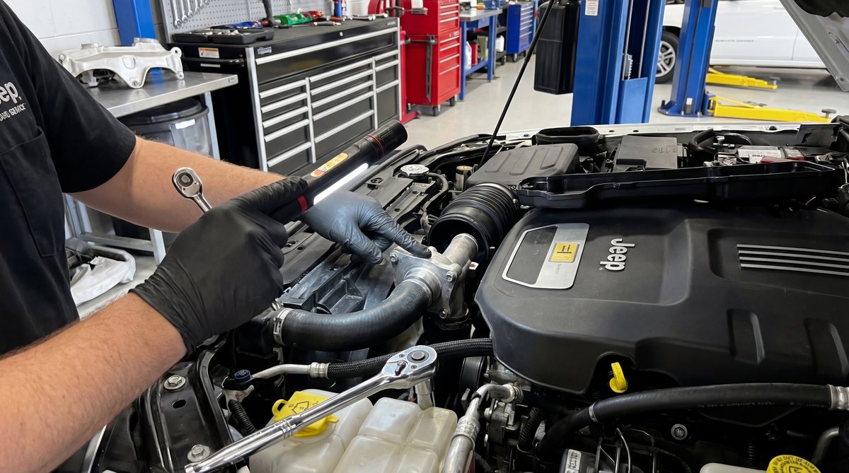 Step-by-step guide showing locating the thermostat on your jeep in a professional auto repair shop