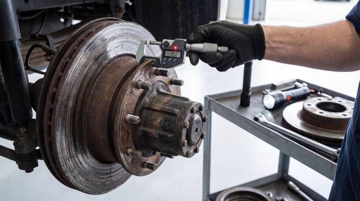 Step-by-step guide showing measuring rotor thickness - how to know it's too late in a professional auto repair shop