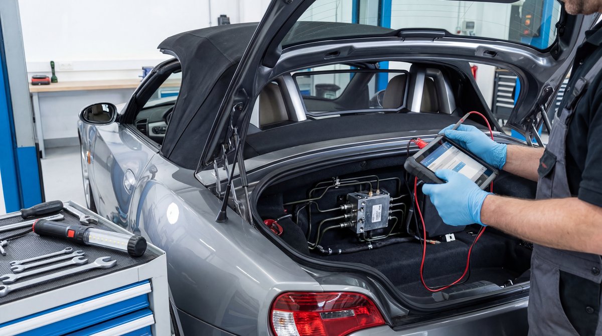 Step-by-step guide showing other common bmw convertible top problems in a professional auto repair shop