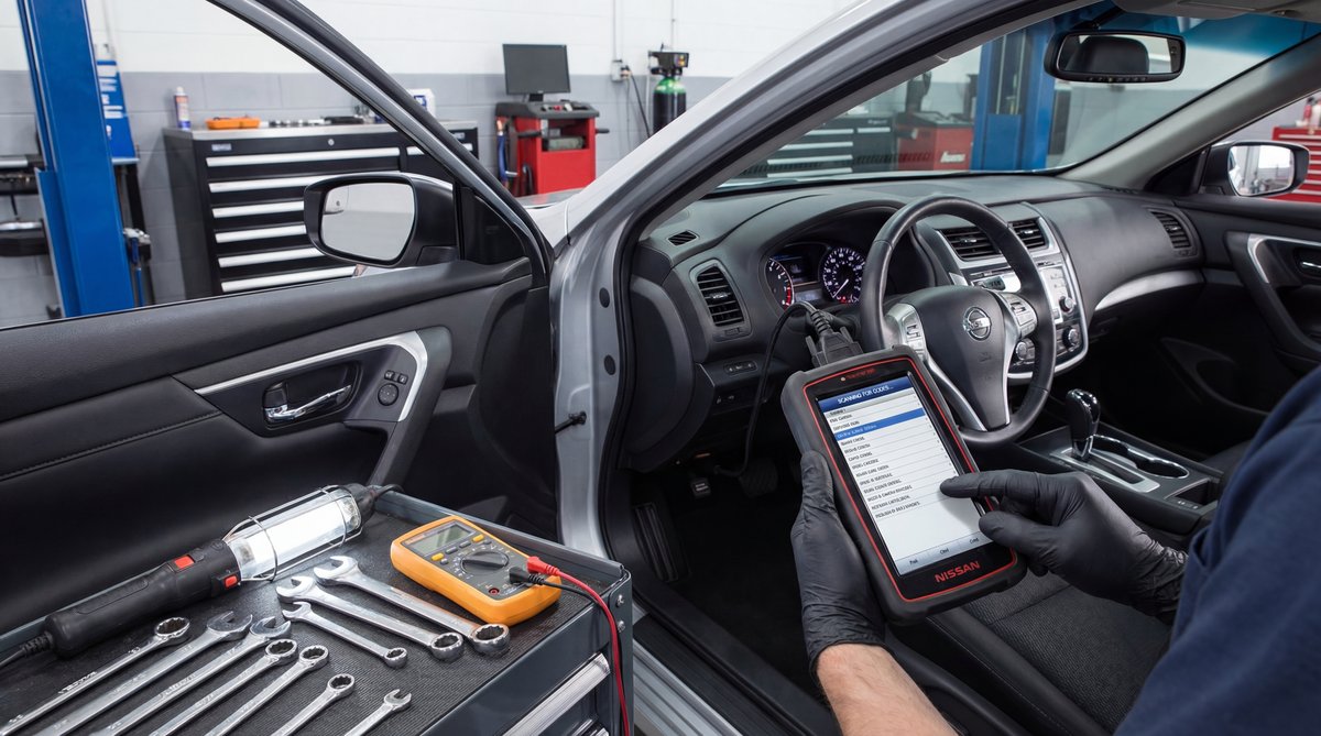 Step-by-step guide showing scanning for trouble codes in a professional auto repair shop