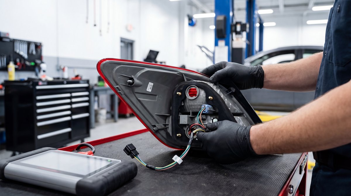 Step-by-step guide showing the real culprit: your taillight assembly in a professional auto repair shop