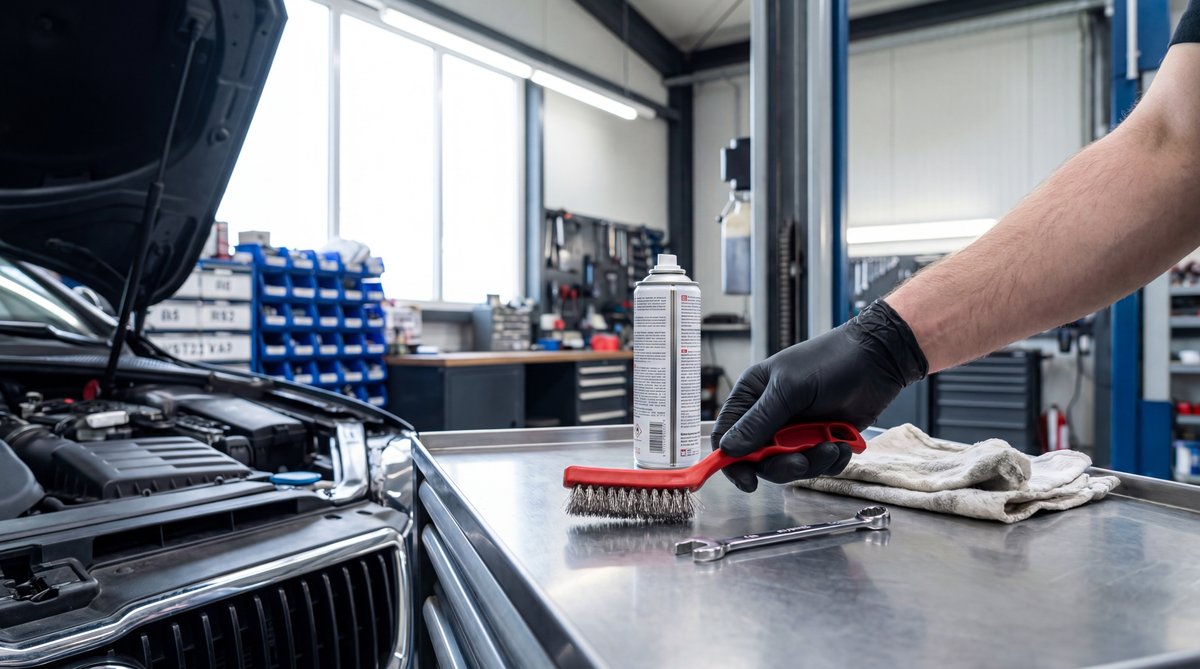 Step-by-step guide showing the tools you actually need for the job in a professional auto repair shop