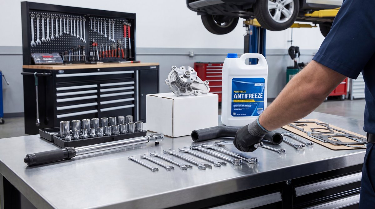 Step-by-step guide showing tools and parts you'll need in a professional auto repair shop