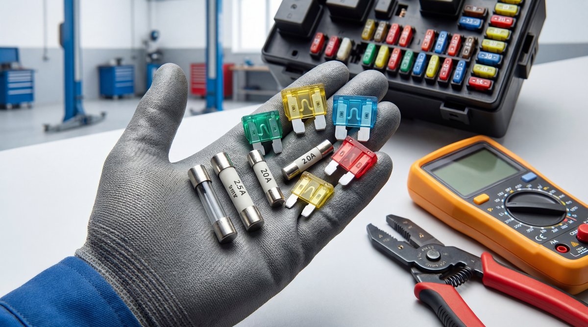Step-by-step guide showing types of automotive fuses you'll find in your car in a professional auto repair shop