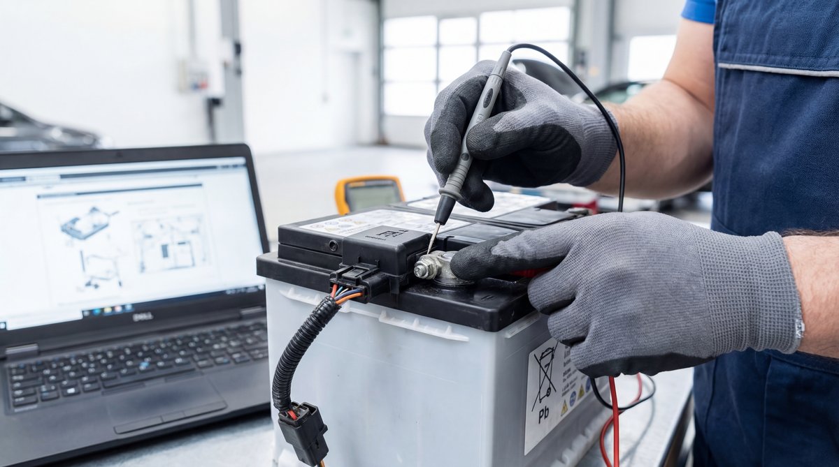 Step-by-step guide showing understanding the battery sensor in a professional auto repair shop