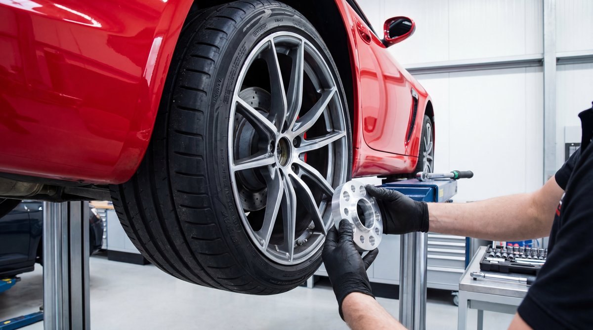 Step-by-step guide showing what wheel spacers actually look like on performance cars in a professional auto repair shop