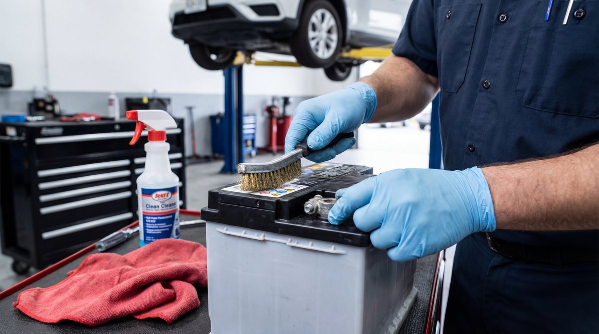 Step-by-step guide showing cleaning battery terminals the right way in a professional auto repair shop