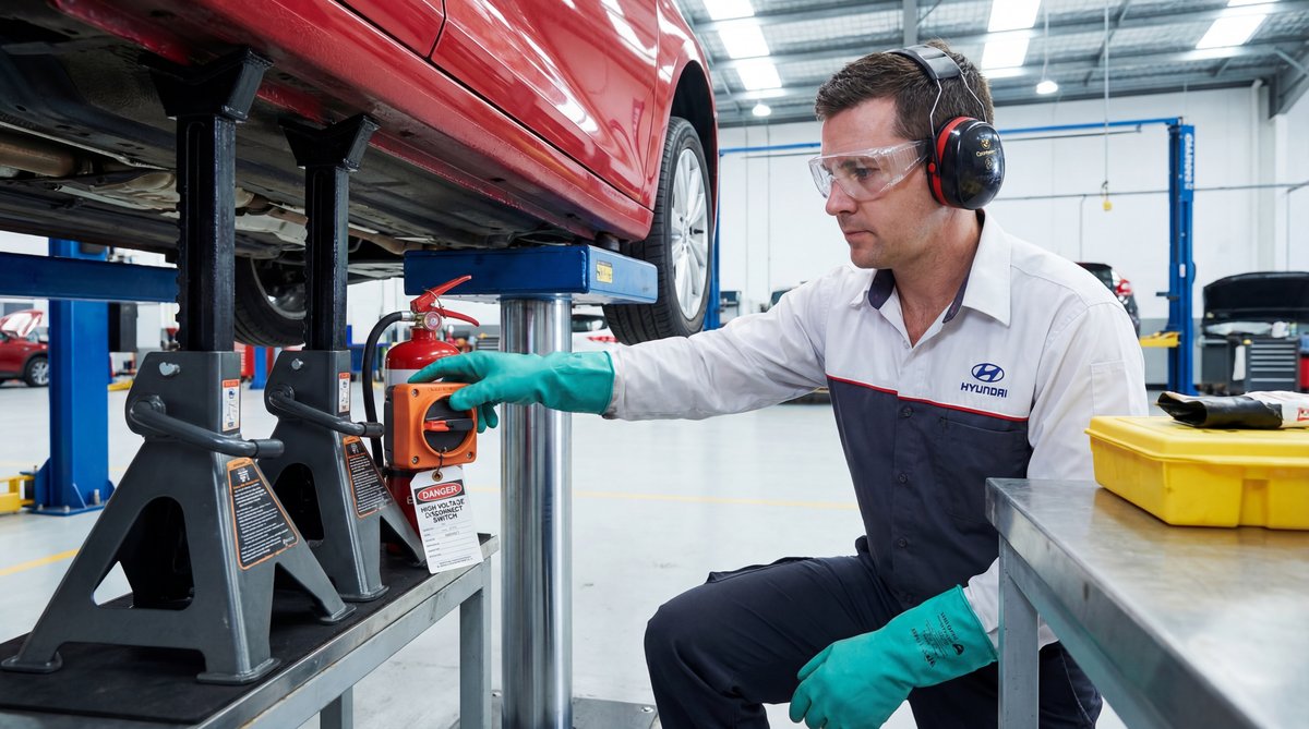 Step-by-step guide showing critical safety equipment in a professional auto repair shop