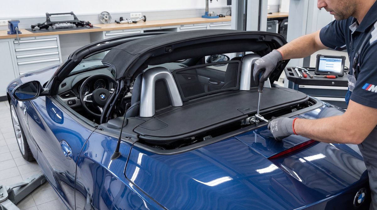 Step-by-step guide showing how to manually operate your bmw convertible top in a professional auto repair shop