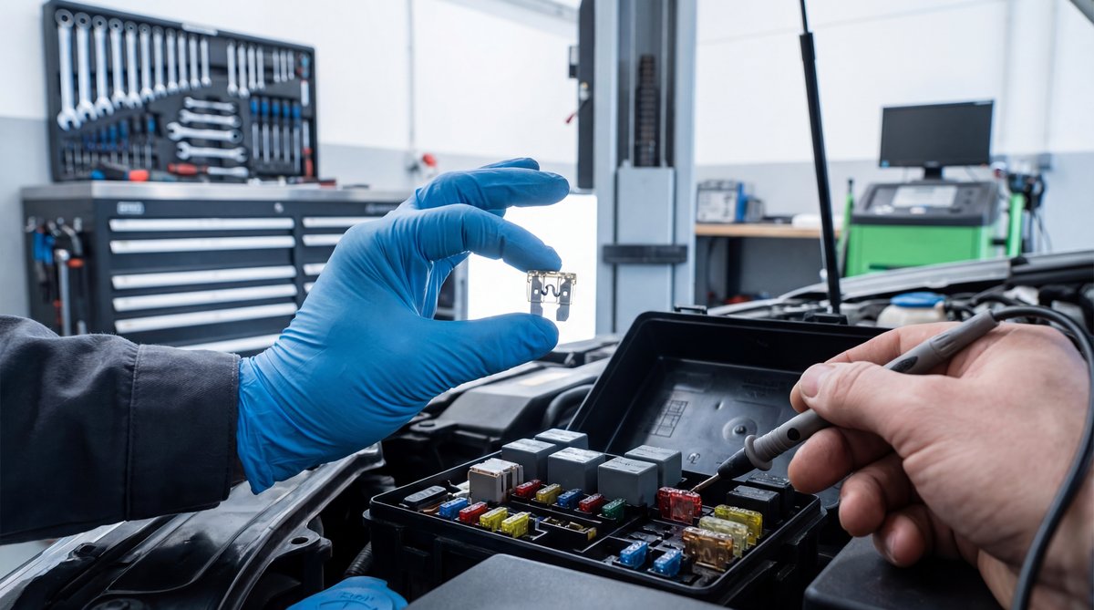 Step-by-step guide showing how to spot a blown fuse in a professional auto repair shop
