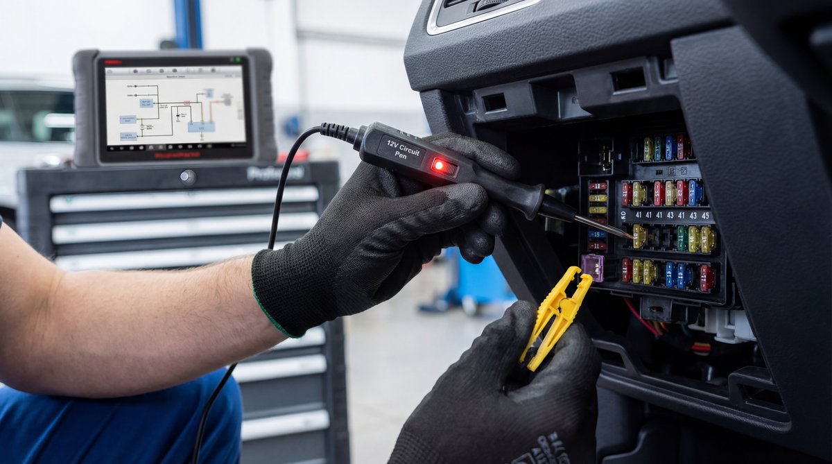 Step-by-step guide showing identifying and testing fuse number 41 in a professional auto repair shop