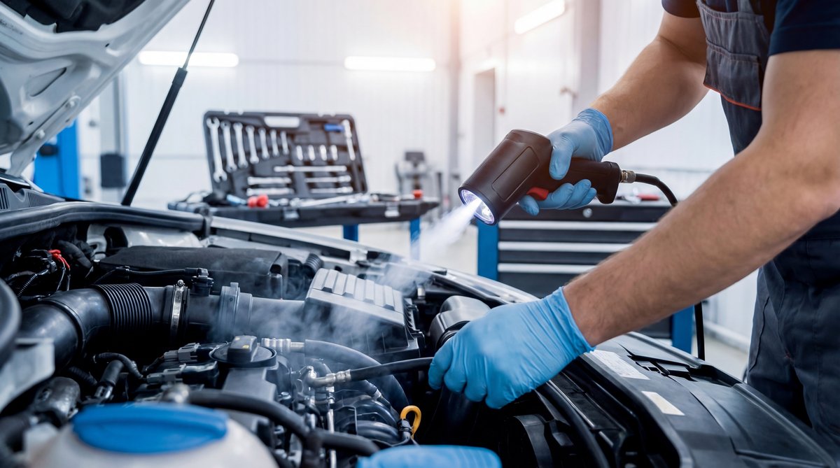 Step-by-step guide showing inspecting for vacuum leaks in a professional auto repair shop