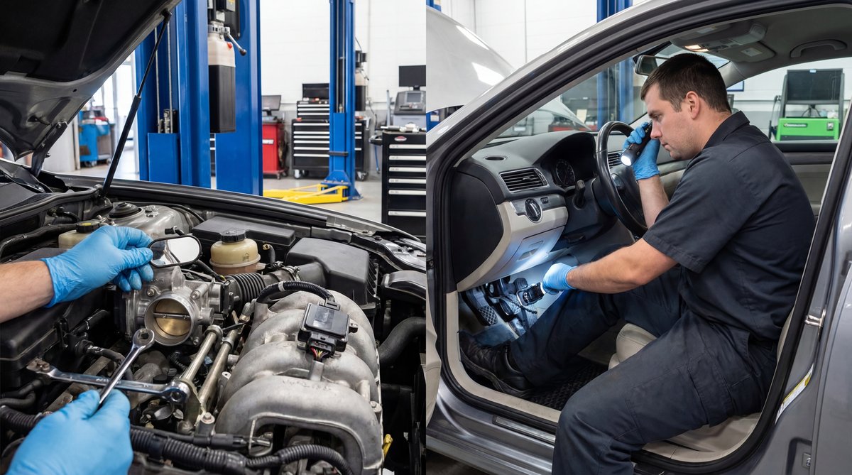 Step-by-step guide showing locating your accelerator pedal position sensor and throttle body in a professional auto repair shop