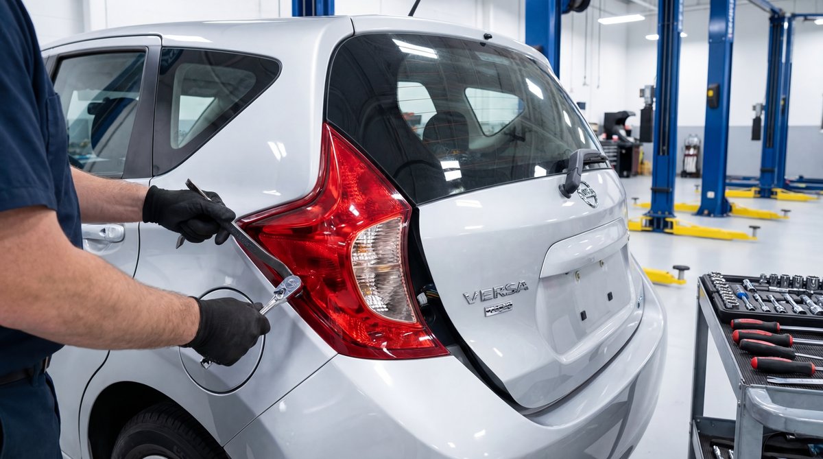 Step-by-step guide showing removing the taillight assembly in a professional auto repair shop