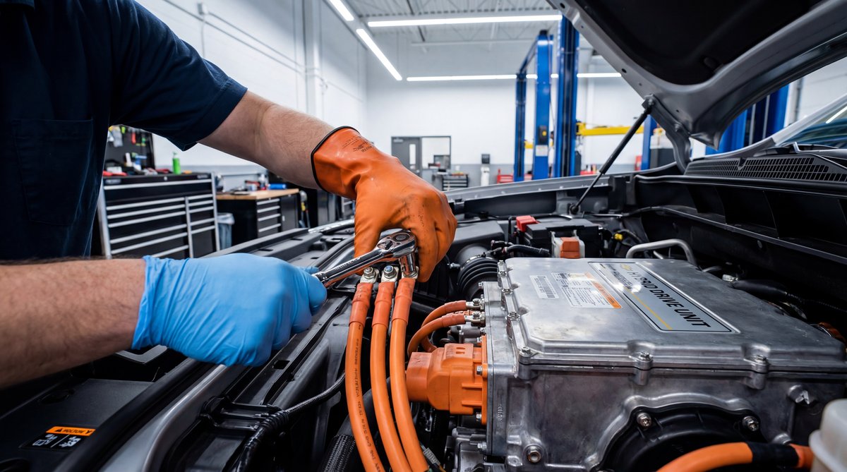 Step-by-step guide showing removing the three-phase cables in a professional auto repair shop