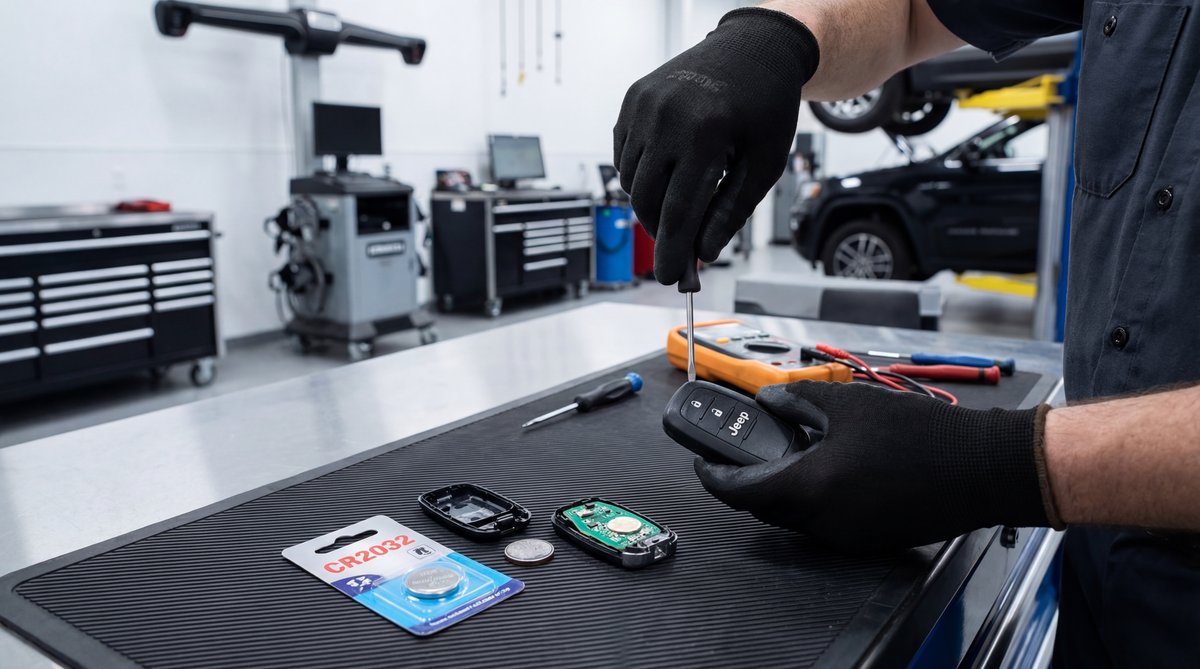 Step-by-step guide showing replacing your key fob battery in a professional auto repair shop