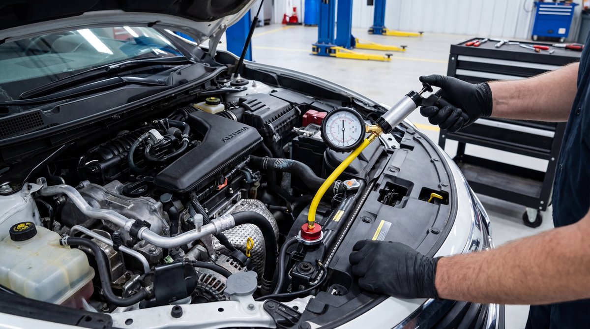 Step-by-step guide showing setting up the cooling system pressure test in a professional auto repair shop