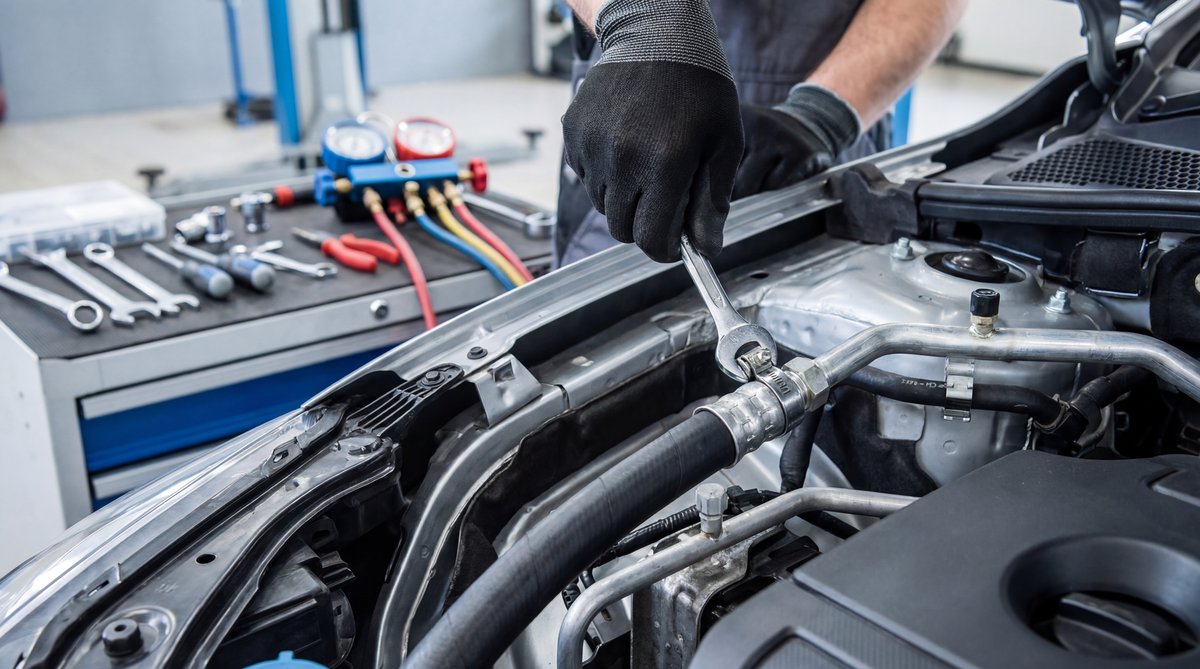 Step-by-step guide showing steel-to-rubber line connections in a professional auto repair shop