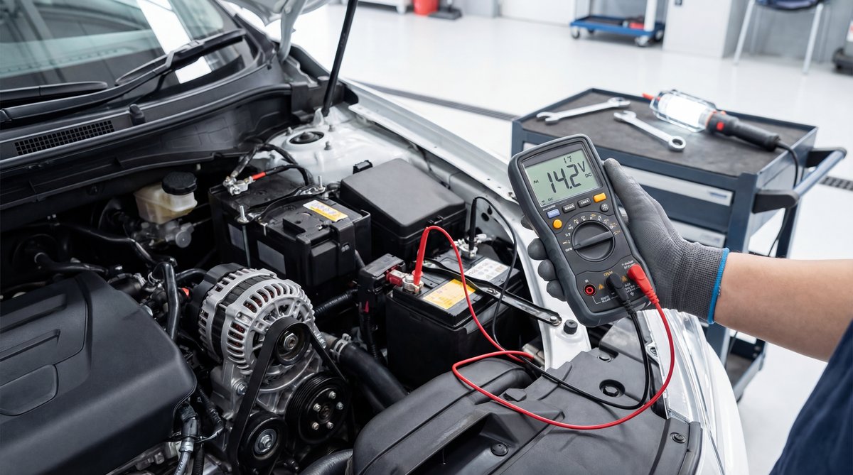 Step-by-step guide showing testing your charging system voltage in a professional auto repair shop