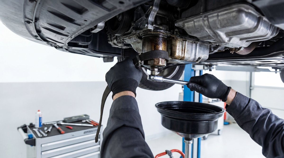 Step-by-step guide showing the right way to remove a stuck oil filter in a professional auto repair shop