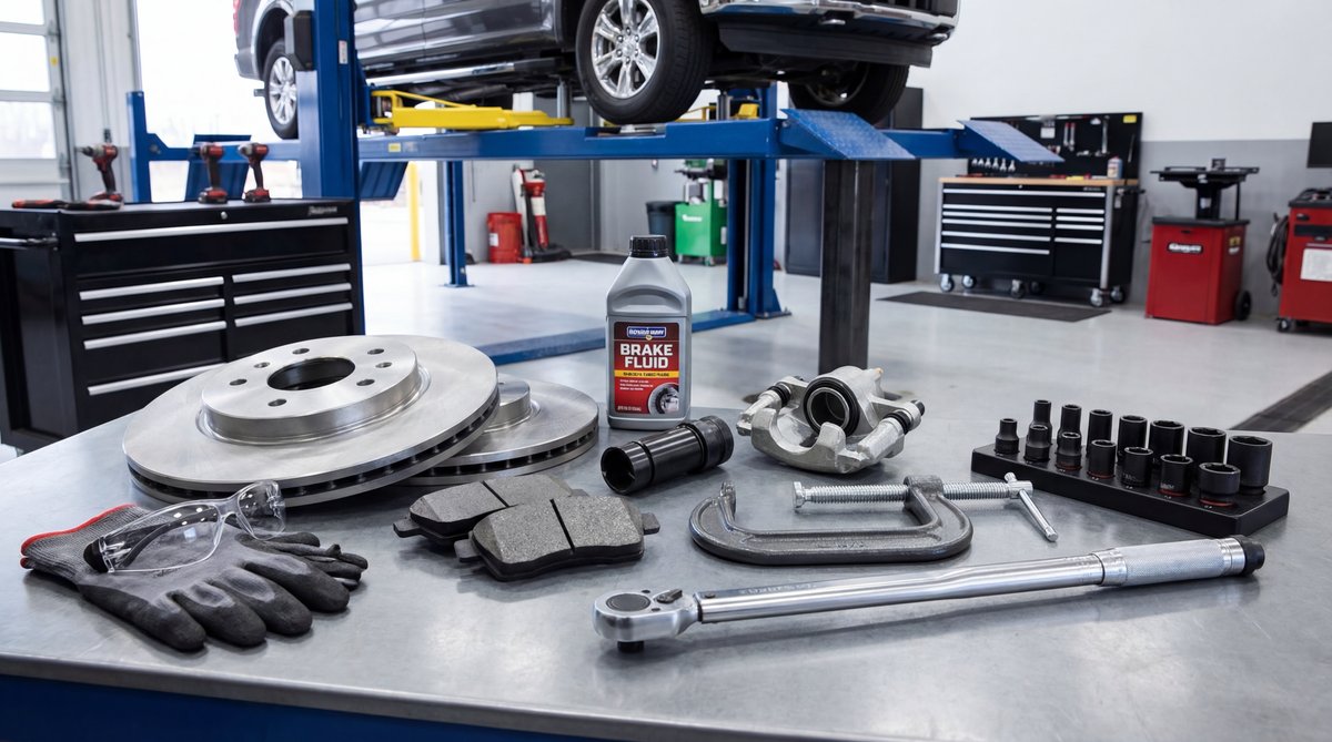 Step-by-step guide showing tools and parts you'll need for a full brake job in a professional auto repair shop