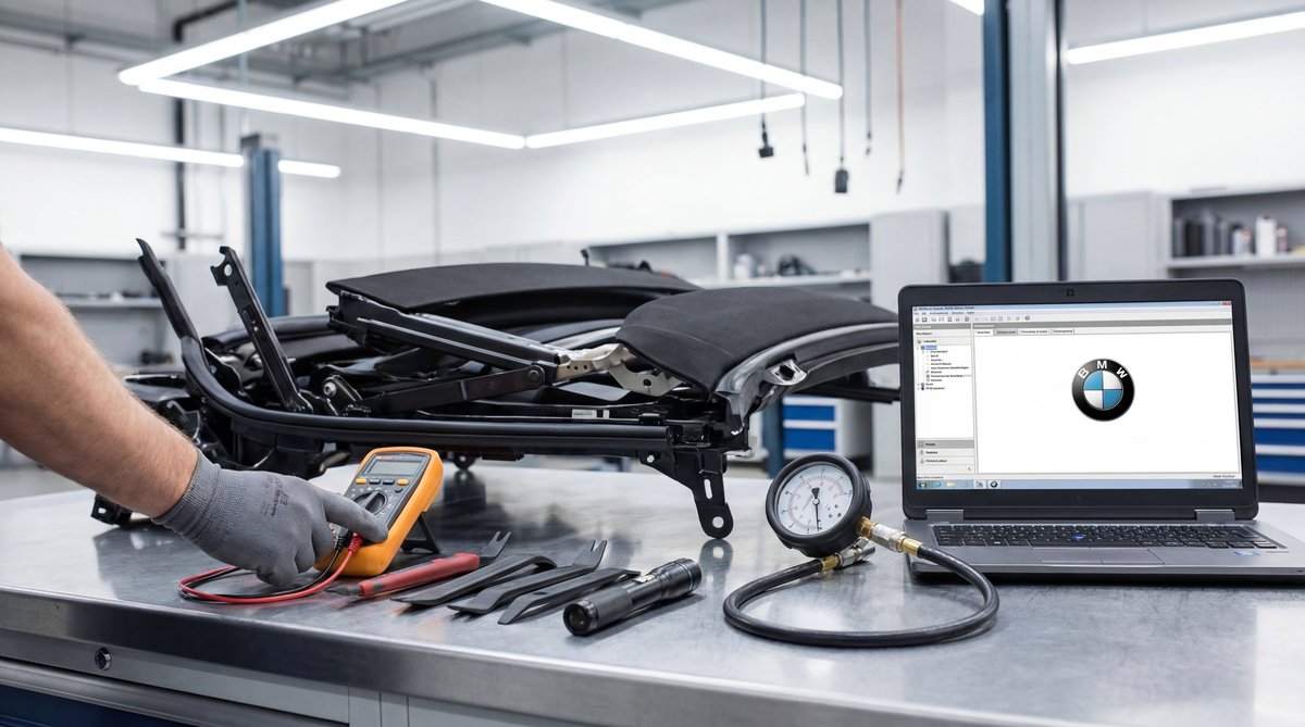 Step-by-step guide showing essential tools for convertible top troubleshooting in a professional auto repair shop