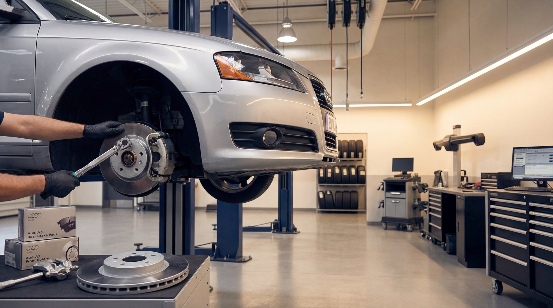 Featured image: Rear pads and rotors on front of vehicle - professional automotive repair guide