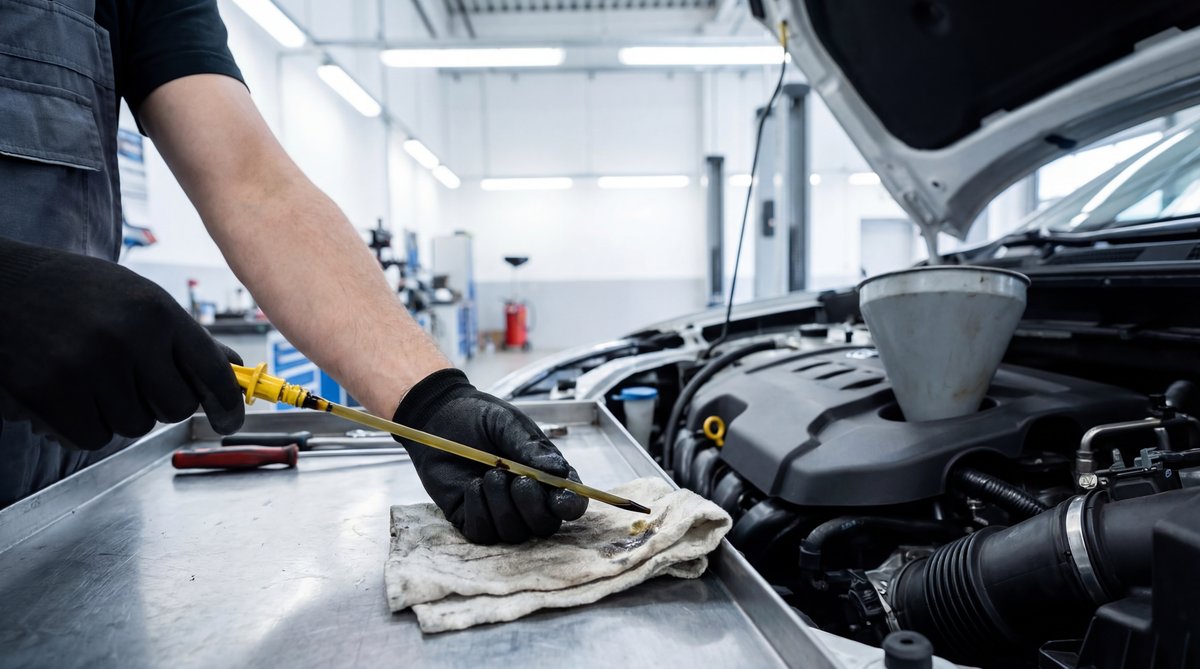 Step-by-step guide showing checking your oil first in a professional auto repair shop