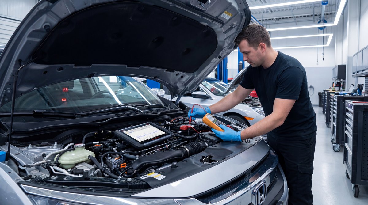 Step-by-step guide showing diagnosing the problem when your battery light comes on in a professional auto repair shop