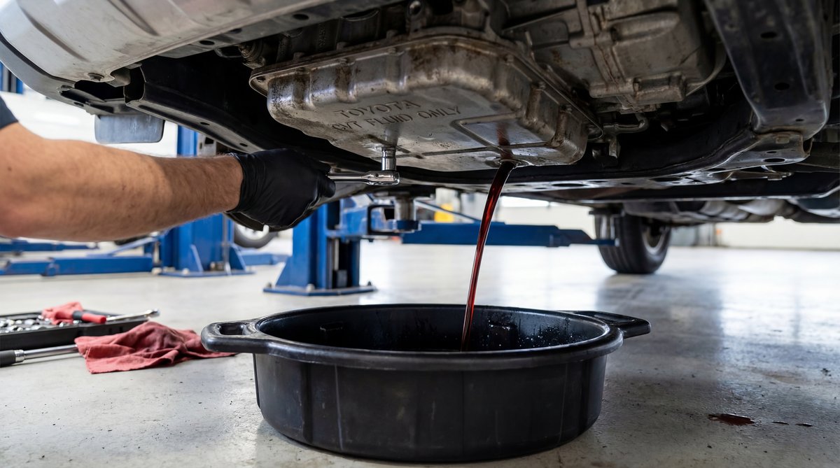 Step-by-step guide showing draining the transmission pan in a professional auto repair shop