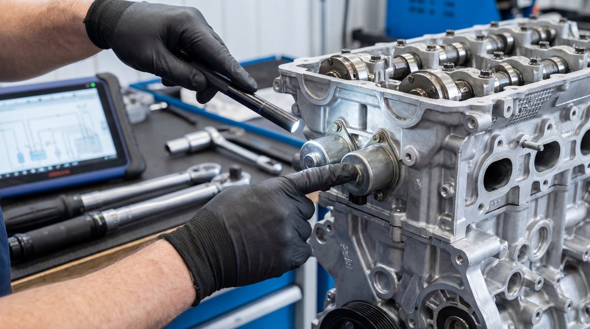 Step-by-step guide showing identifying variable valve timing solenoid positions in a professional auto repair shop