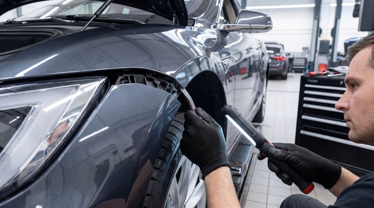 Step-by-step guide showing locating the headlight assembly behind the wheel well in a professional auto repair shop