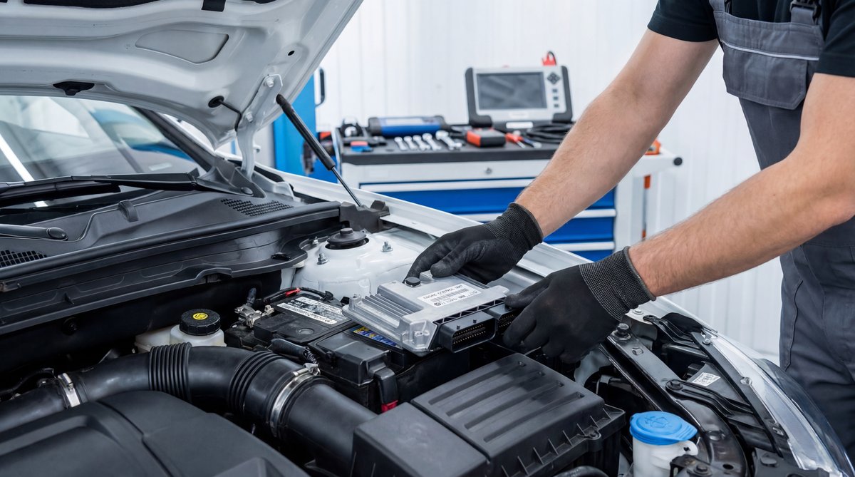 Step-by-step guide showing the engine management system connection in a professional auto repair shop