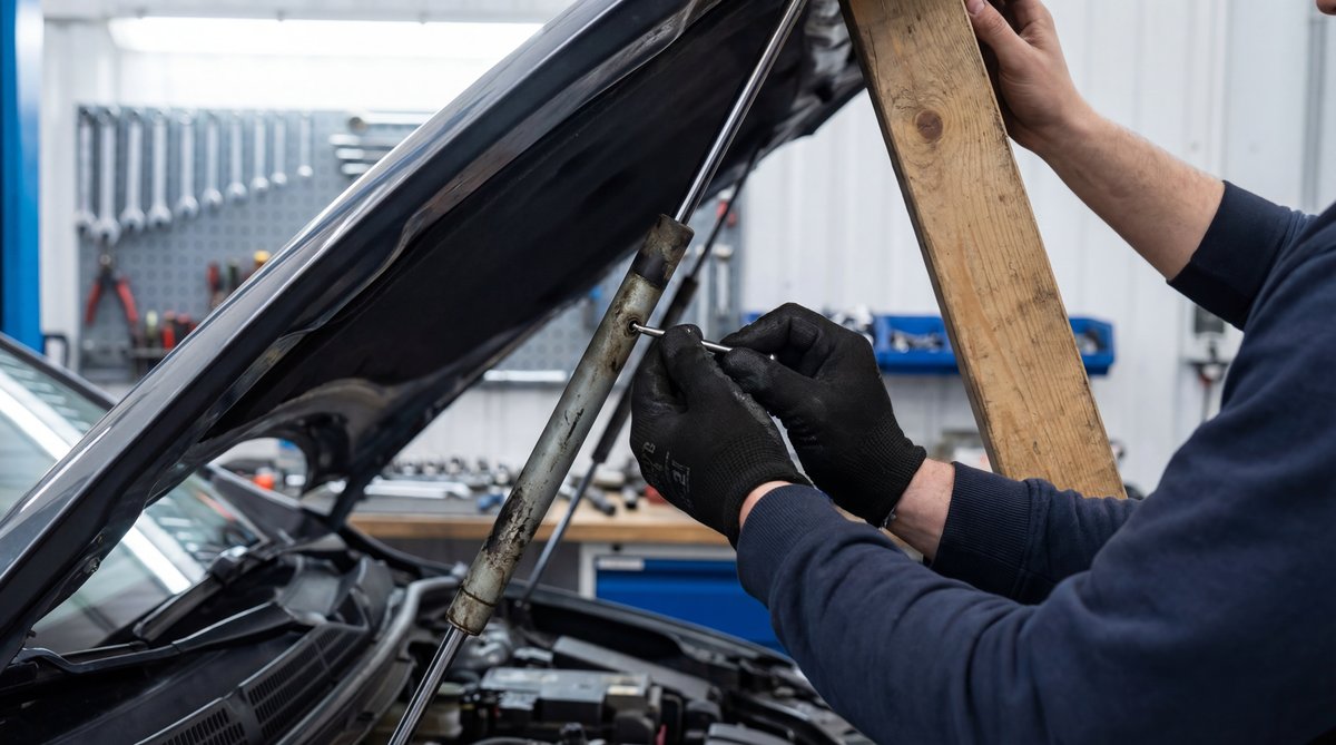 Step-by-step guide showing the pin trick for temporary hood support in a professional auto repair shop