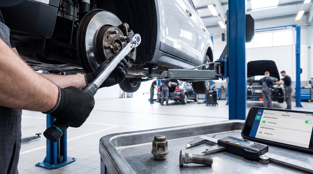 Step-by-step guide showing warning signs your wheel is about to fall off in a professional auto repair shop