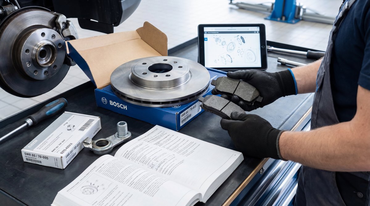 Step-by-step guide showing how to identify the correct brake parts in a professional auto repair shop