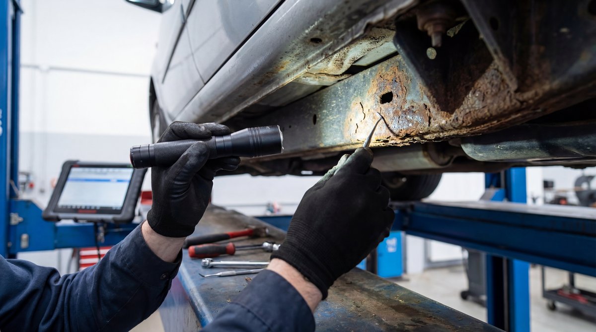 Step-by-step guide showing how to properly inspect for rust damage in a professional auto repair shop