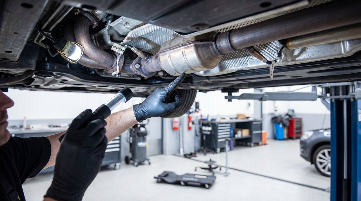 Step-by-step guide showing locating oxygen sensor positions (upstream vs downstream) in a professional auto repair shop