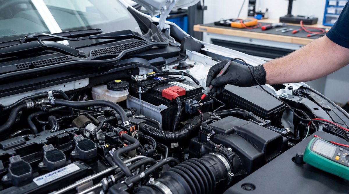 Step-by-step guide showing locating the battery current sensor in a professional auto repair shop