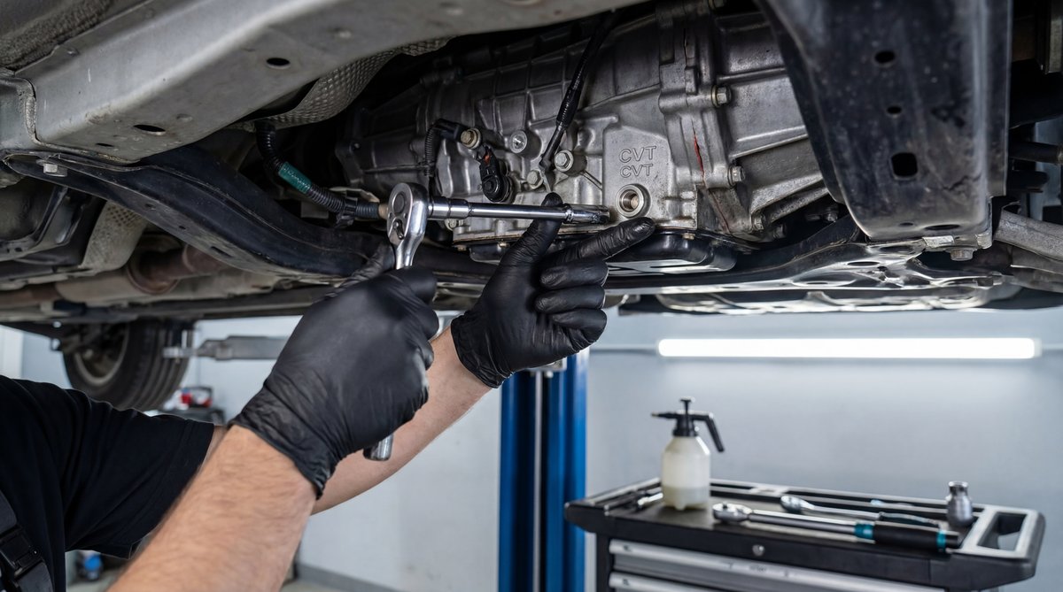 Step-by-step guide showing locating the fill plug and getting access in a professional auto repair shop