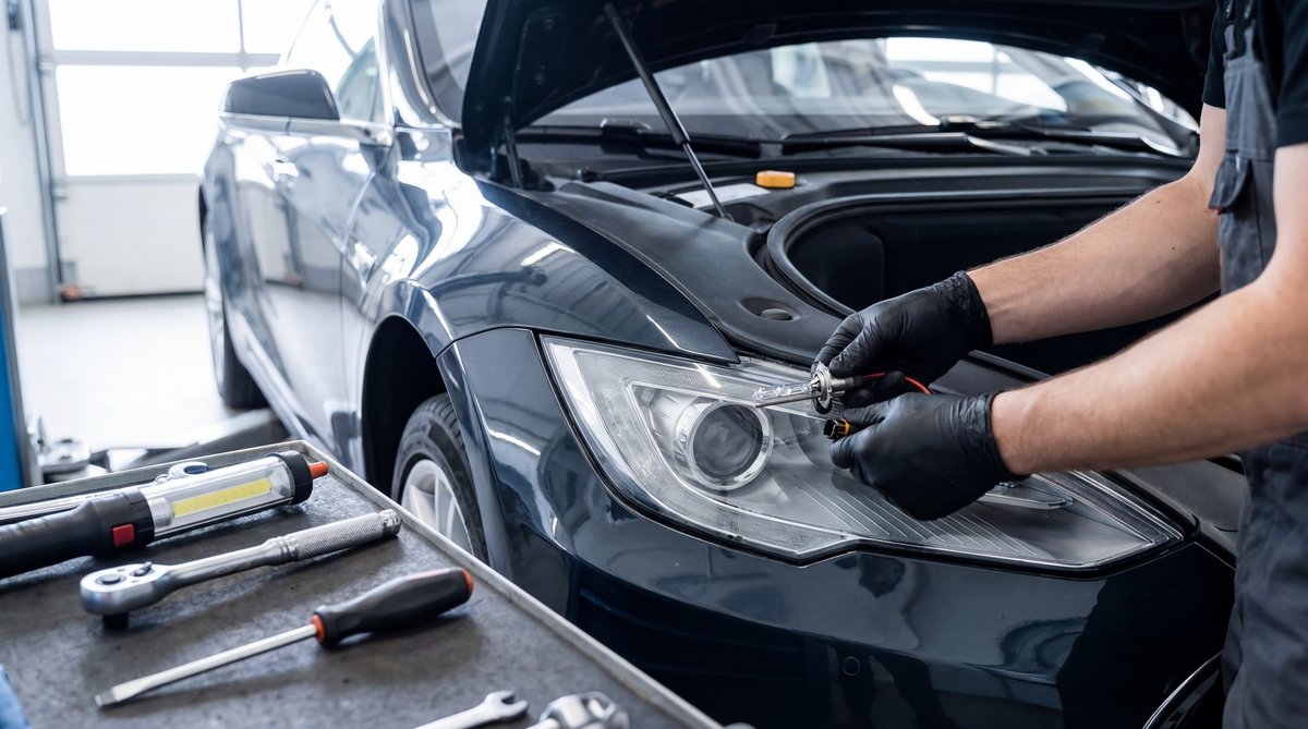 Step-by-step guide showing removing the old hid bulb in a professional auto repair shop