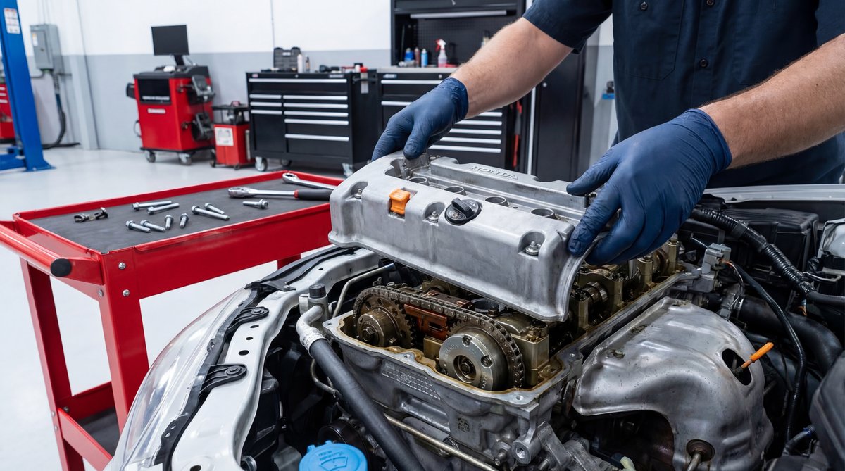 Step-by-step guide showing removing the valve cover in a professional auto repair shop